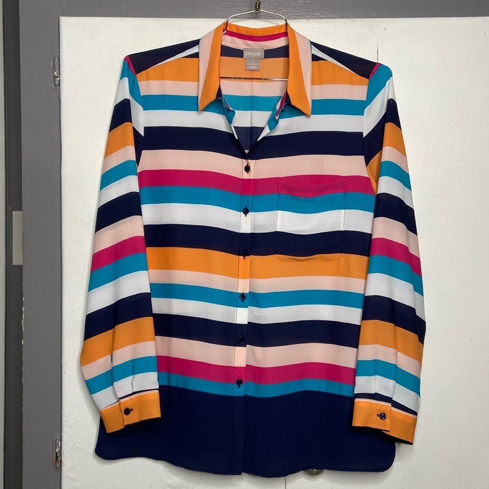 chicos women’s size 2 long sleeve button up shirt multicolor stripes color block
